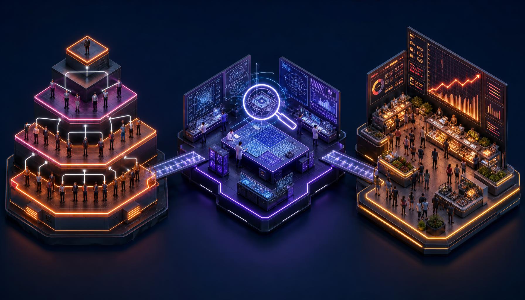Ilustración isométrica de tres escenas conectadas: una torre organizacional, un taller de innovación y una plaza de mercado, que representan HELM ORG, HELM INN y HELM MKT.